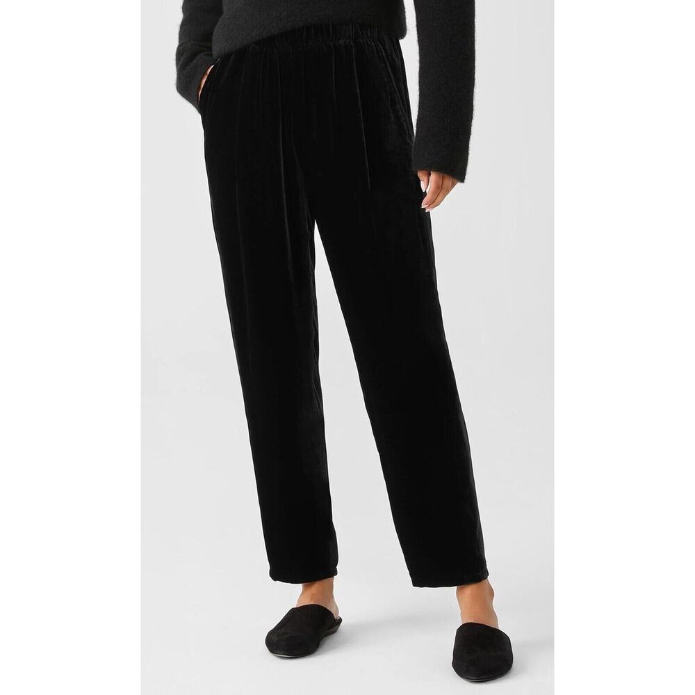 Eileen Fisher Rayon Silk Black Velvet Relax Wide Leg Pants Large Luxury Capsule